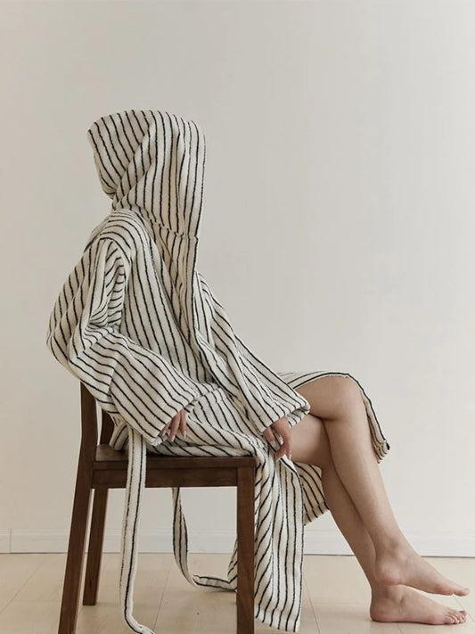 Retro 100% ORGANIC Long-Stapled Cotton Hooded Stripe Bath Robe