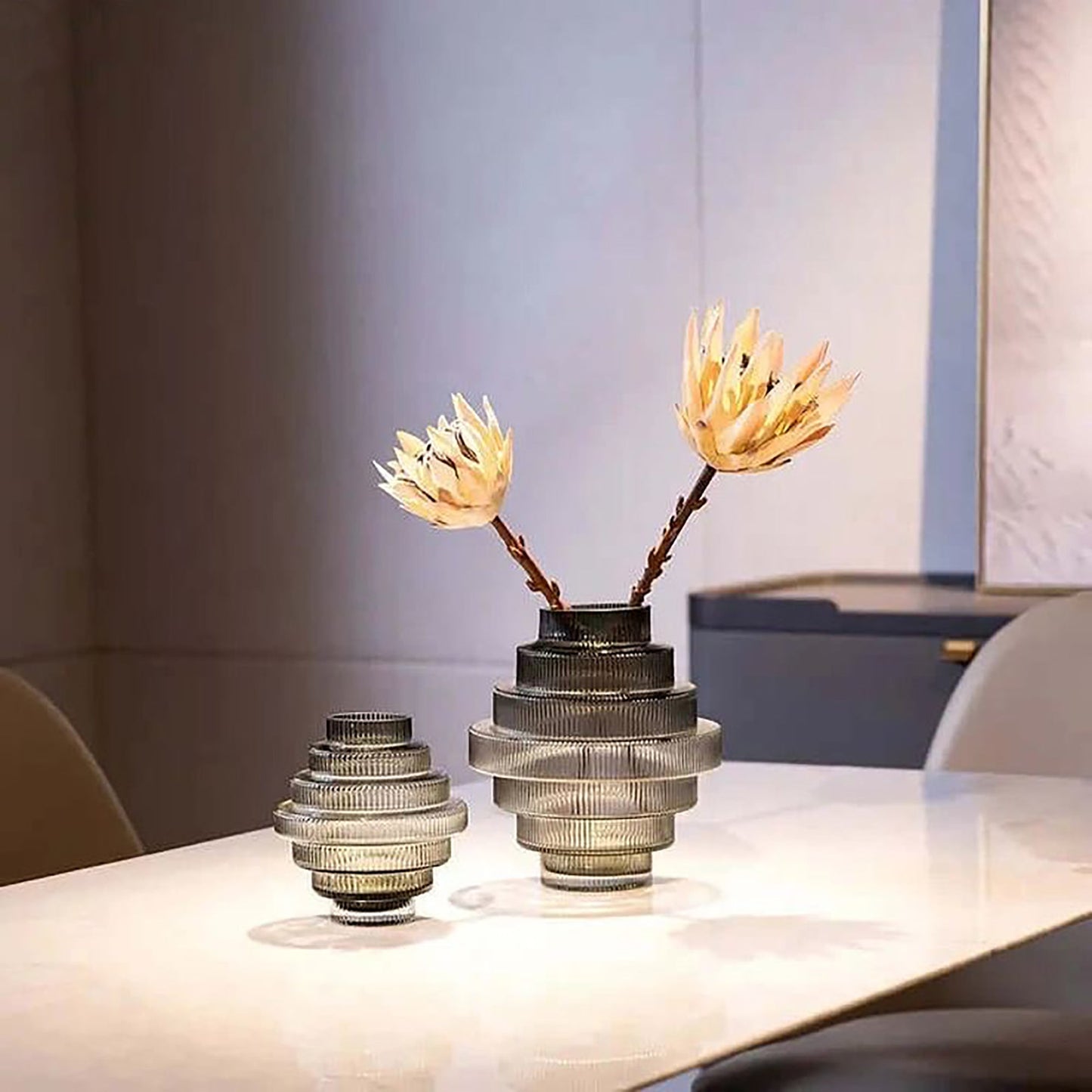 Ribbed Layered Wide Glass Vase-Large-Grey-4