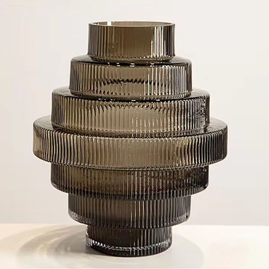 Ribbed Layered Wide Glass Vase-Large-Grey-1