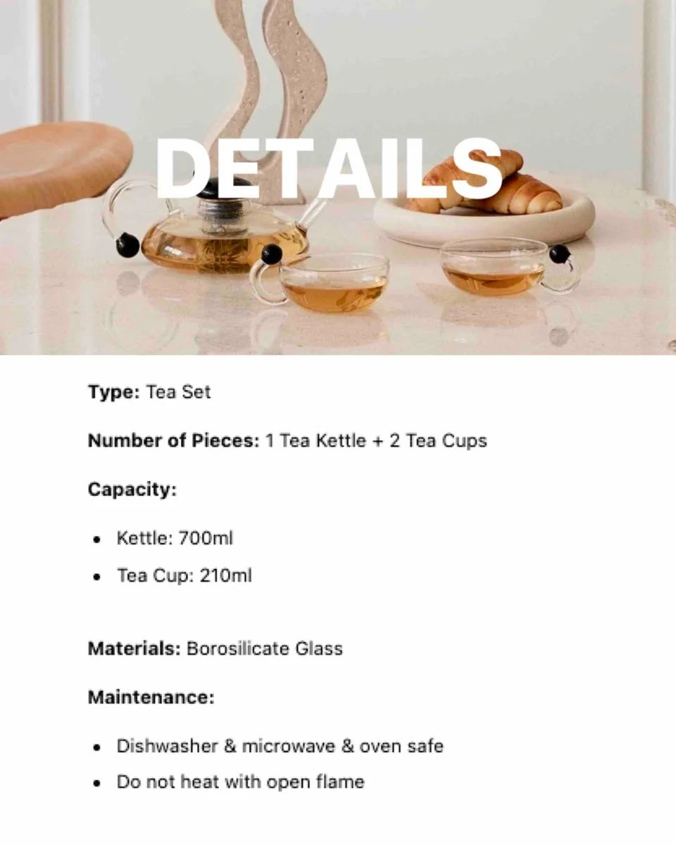 Nordic Style Vintage Glass Tea Set ( 1 Tea Kettle with Loose Leaf Infuser + 2 Cups )