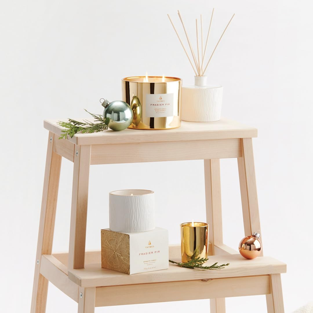 Frasier Fir Candle - Gilded Collection - Wood Grain Ceramic Design with 24-Karate Gold Rim - Mountain Fresh Fragrance  (Petite, 6 Oz)