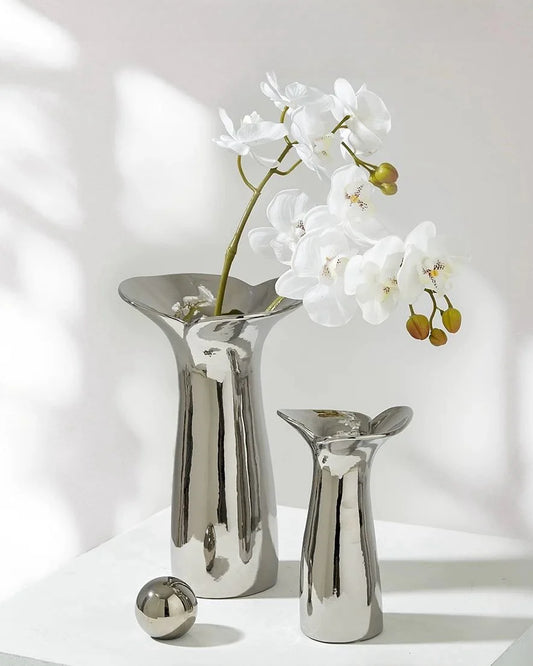 Handmade Modern Silver Bloom Vase, Ceramic Botanica Centrepiece Vase