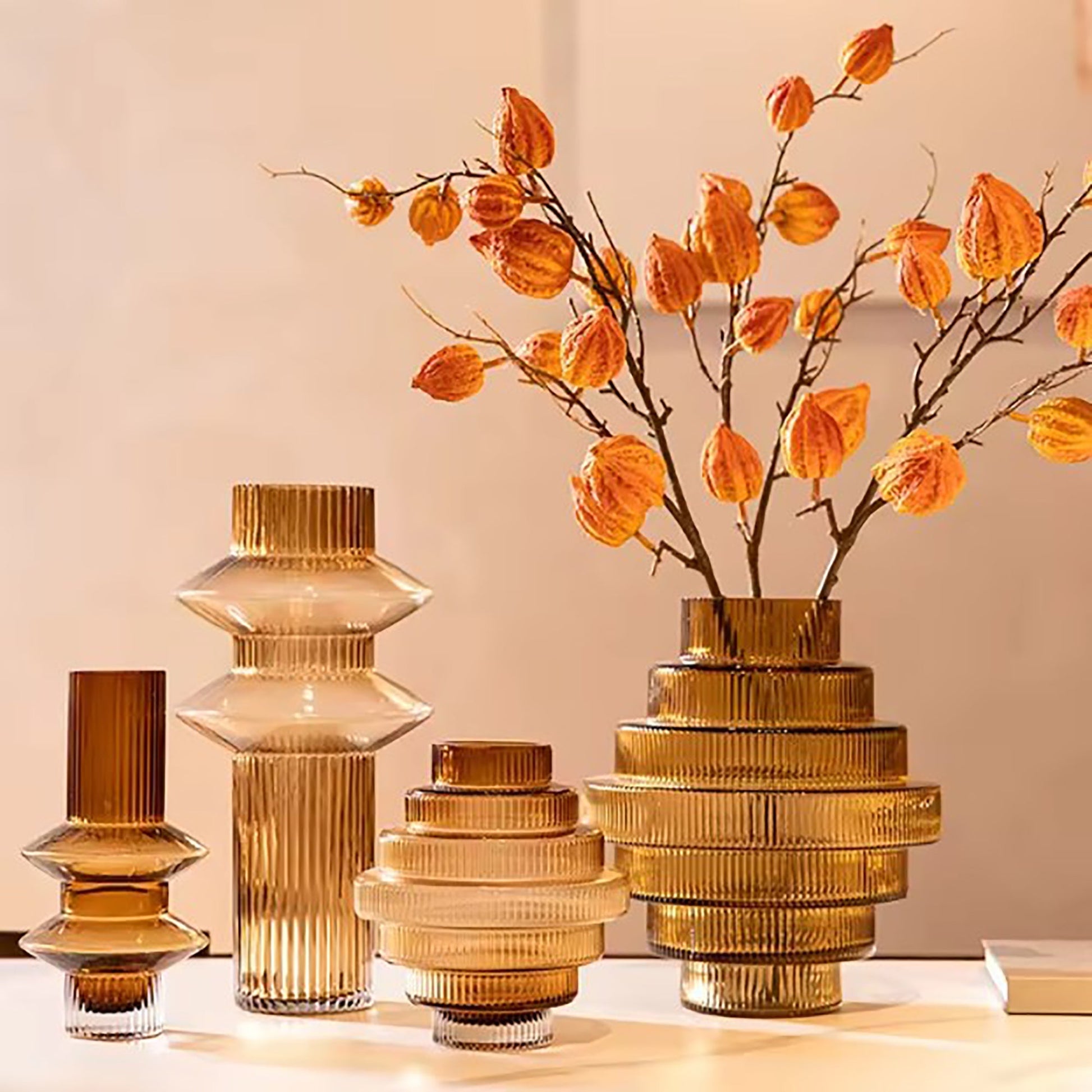 Ribbed Layered Tall Glass Vase-Medium-Amber-3