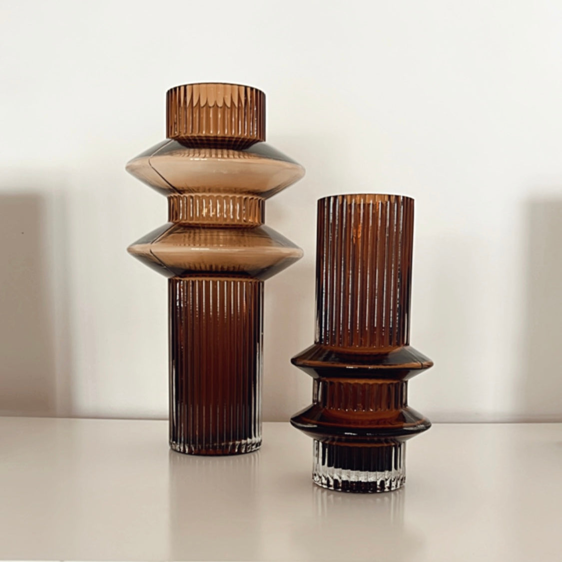 Ribbed Layered Tall Glass Vase-Medium-Amber-2