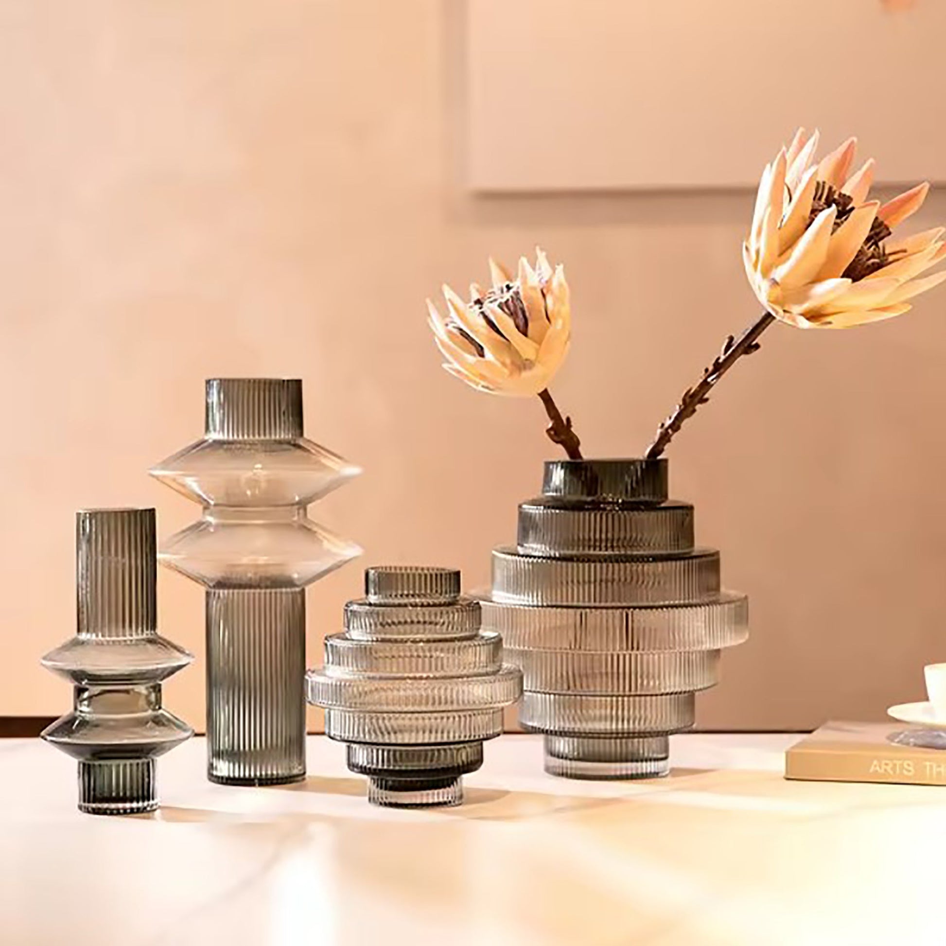 Ribbed Layered Wide Glass Vase-Large-Grey-3