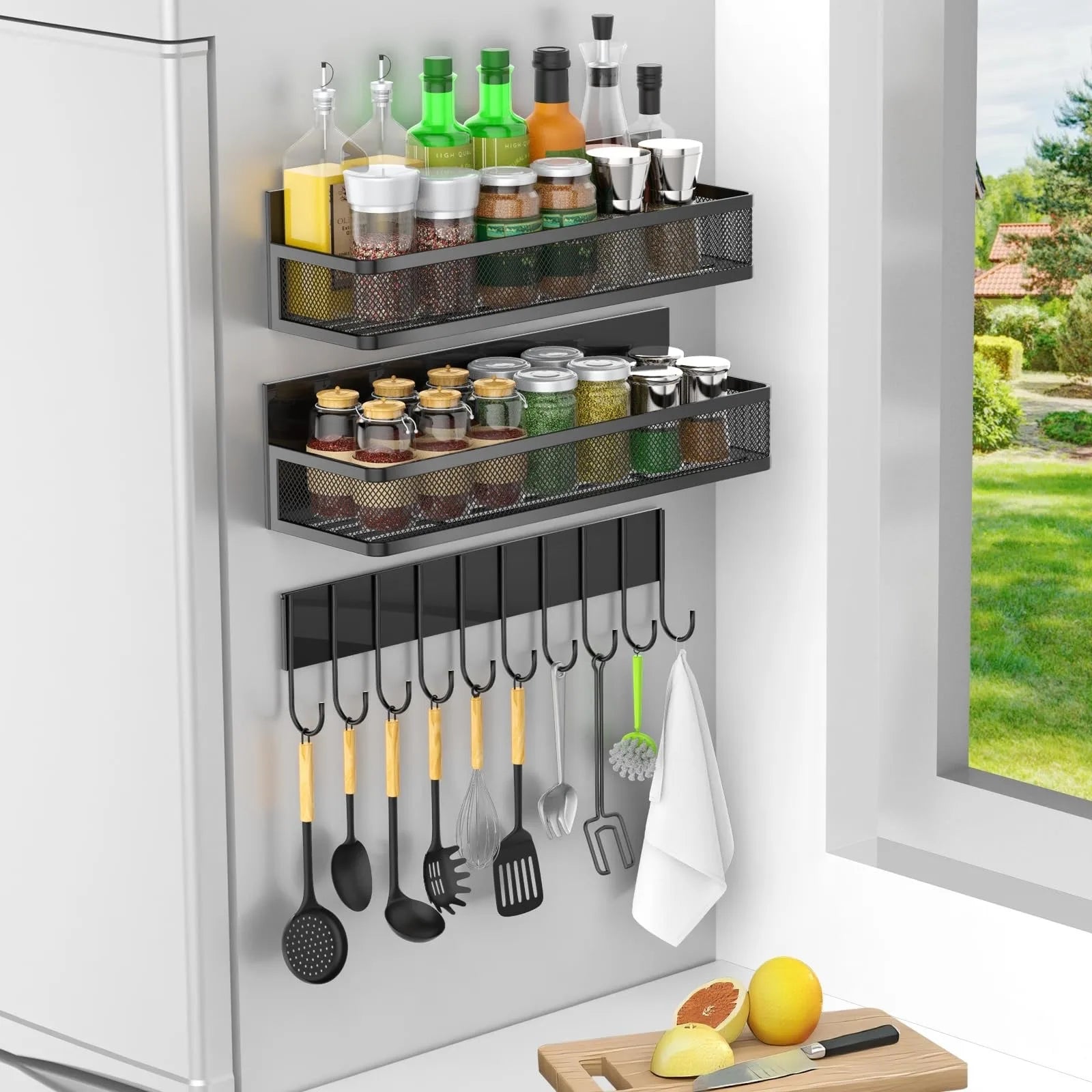 No-Drill Spice Rack Organizer | Heavy Duty Magnetic Kitchen Shelf for Fridge Side (15kg Capacity)