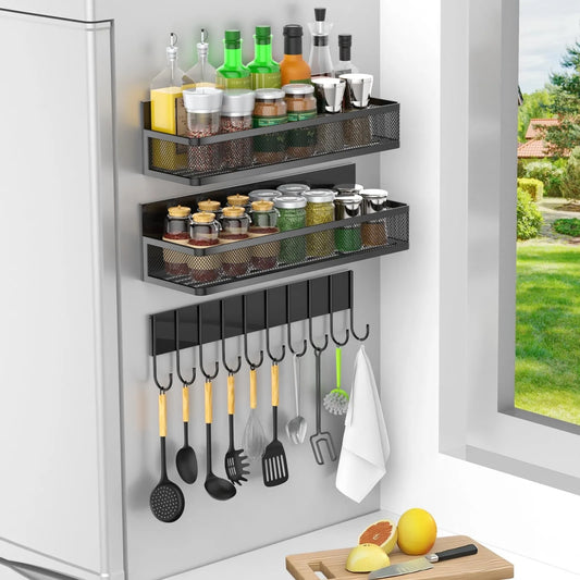 No-Drill Spice Rack Organizer | Heavy Duty Magnetic Kitchen Shelf for Fridge Side (15kg Capacity)