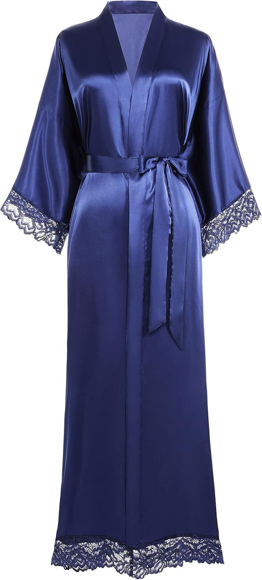 Satin Kimono Robe Silky Long bathrobe with Lace Trim